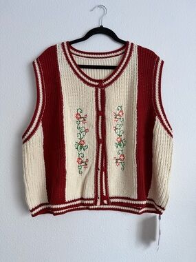 Cider Cream and Red Floral Knit Button-Up Vest